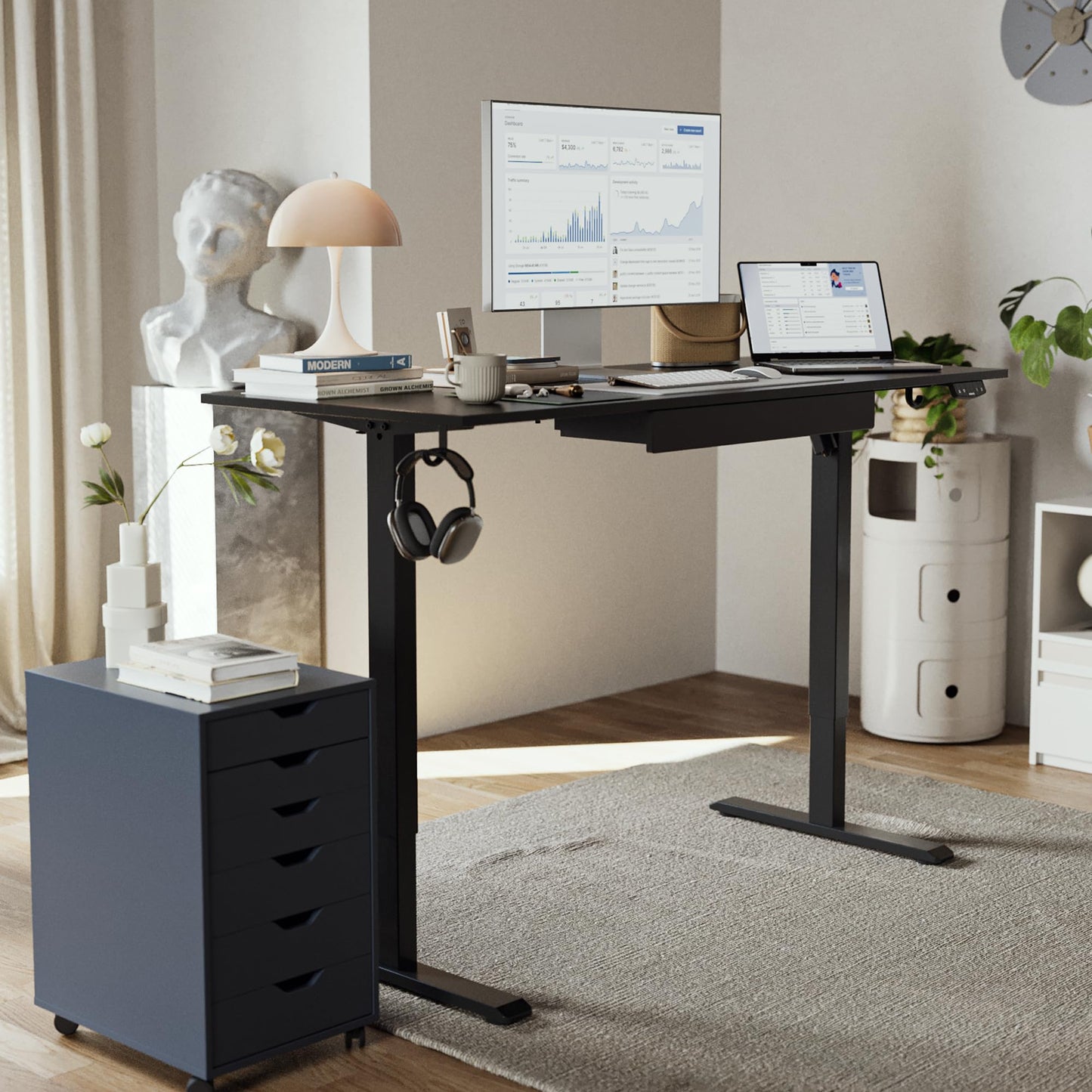 Agilestic Electric Standing Desk with Drawers, 47.8 x 24 Inches Height Adjustable Desk, Stand up Computer Table with Memory Preset, for Work Office Home, Black