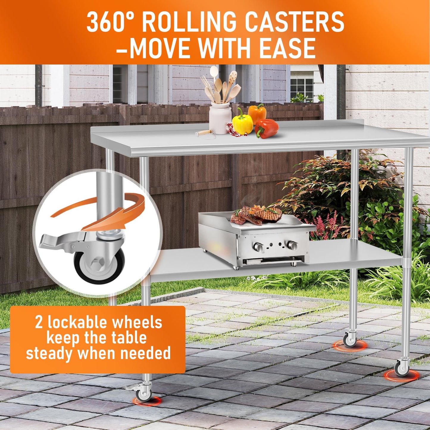 HOCCOT Stainless Steel Prep Table 30" X 48" with Adjustable Undershelf, Backsplash and Wheels, Commercial Metal Workstations for Kitchen, Garage, Outdoor BBQ