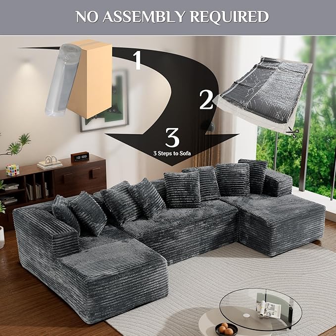 Modular Sectional Sofa, 130" U Shaped Cloud Couch Plush Corduroy Comfy Deep Seat Boneless Sofas with 8 Pillows Double Chaise Lounge Sectional Couches with Memory Foam for Living Room - Dark Grey