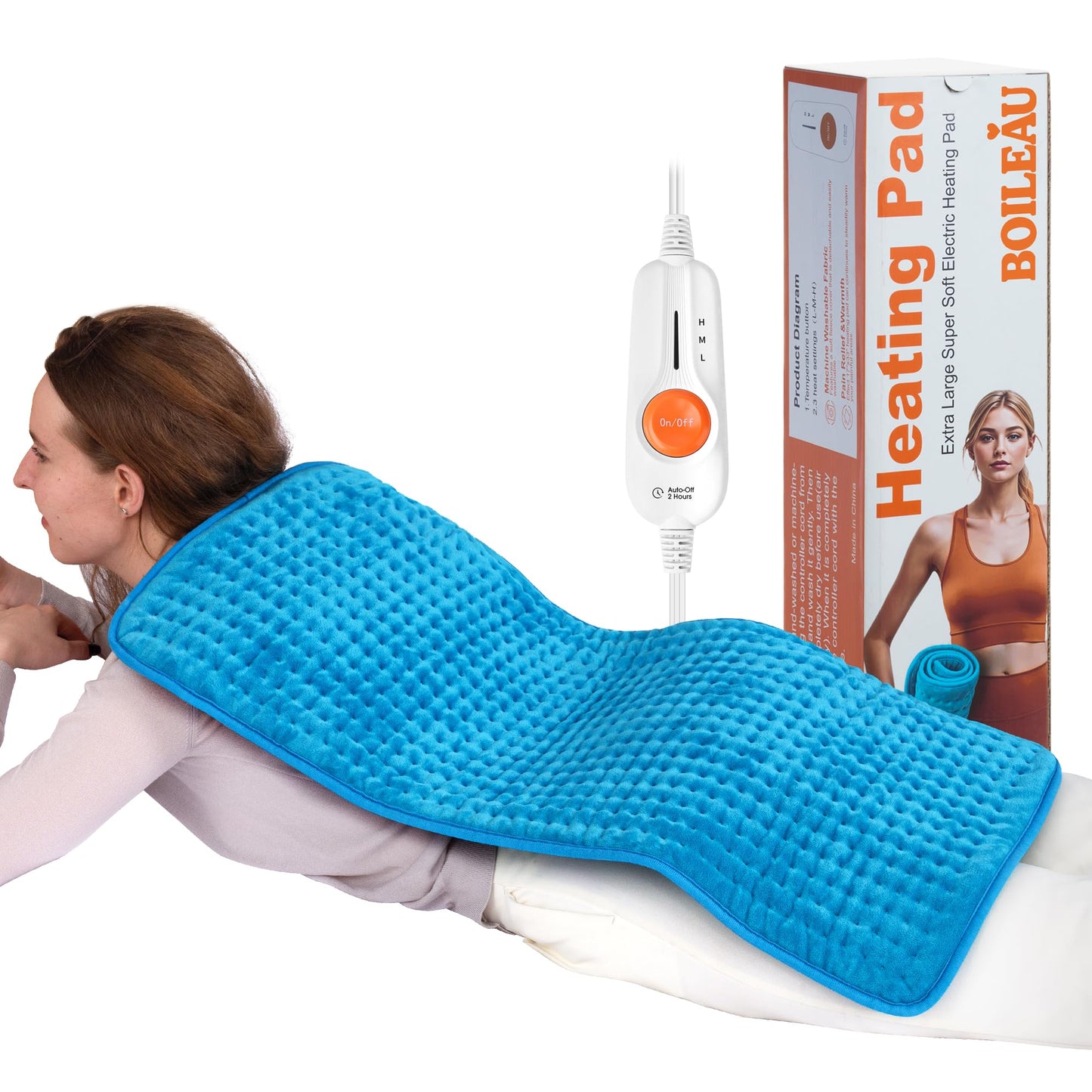 Boileau Electric Heating Pad for Back Pain and Period Cramps Relief, 17"x33" Extra Large XXXL, 3 Heating Levels Heat Pad with 2-Hour Auto Shut Off, Gifts for Women and Mom, Blue