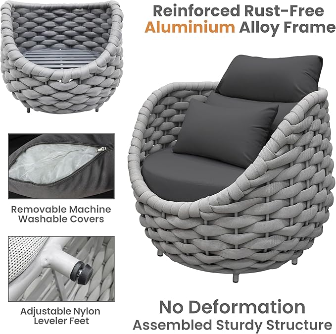 Erotr 4 Pieces Assembled Patio Conversation Sets, Hand Woven Rope Outdoor Furniture Sofa Set - Aluminum Modern Cushions Couch Armchair Table Set - All Weather for Indoor Deck Porch Backyard Hotel