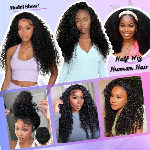 Glimeer Half Wig Human Hair Deep Wave 3 In 1 Drawstring Seamless Filp Over Curly Half Wig 200% Density Wear and Go Glueless Half Wigs for Black Women Natural Color 18 Inch
