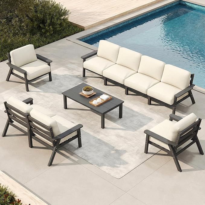 Patio Kingdom Patio Furniture Set 8 Seats, HDPE Outdoor Sectional with Beige Washable Thick Cushions, Coffee Table, Patio Conversation Sets for Lawn, Garden, Porch, Balcony, Deck (Grey Frame)