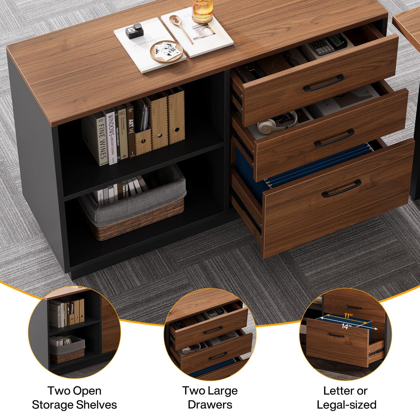 Tribesigns 63‘’ L-Shaped Executive Desk, Office Table with 39.37-Inch Drawers Cabinet, Large Computer Desk with Storage Shelves, Business Furniture Set for Home Office, Brown & Black
