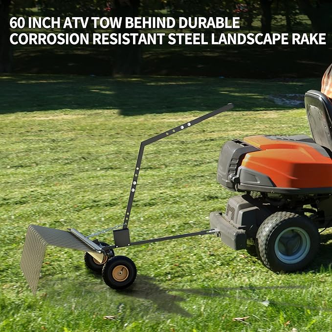 YITAMOTOR 60 Inch Tow Behind Dethatcher, Lawn Dethatcher Rake with 24 Spring Steel Tines & Lift Handle for ATV or Mover Tractors, Tow Behind Lawn Rakes for Leaves, Pine Needles, and Grass