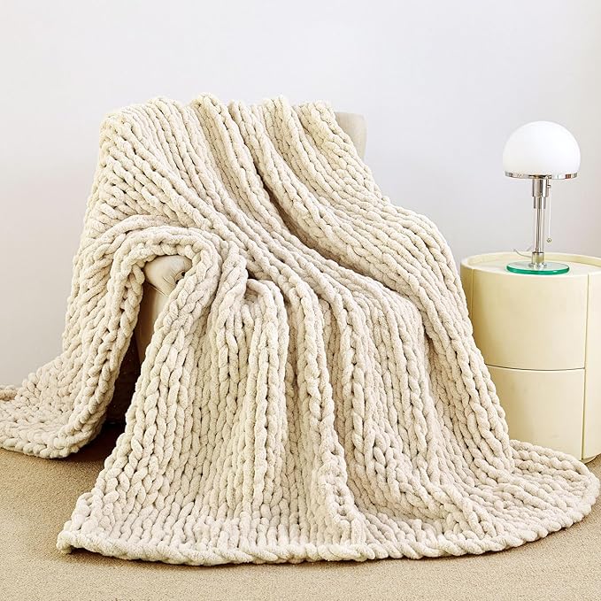 Admitrack Chunky Knit Blanket Throw 51"x63", 100% Hand Knit Chenille Throw Blanket for Sofa & Home Decor, Soft and Cozy Kn...