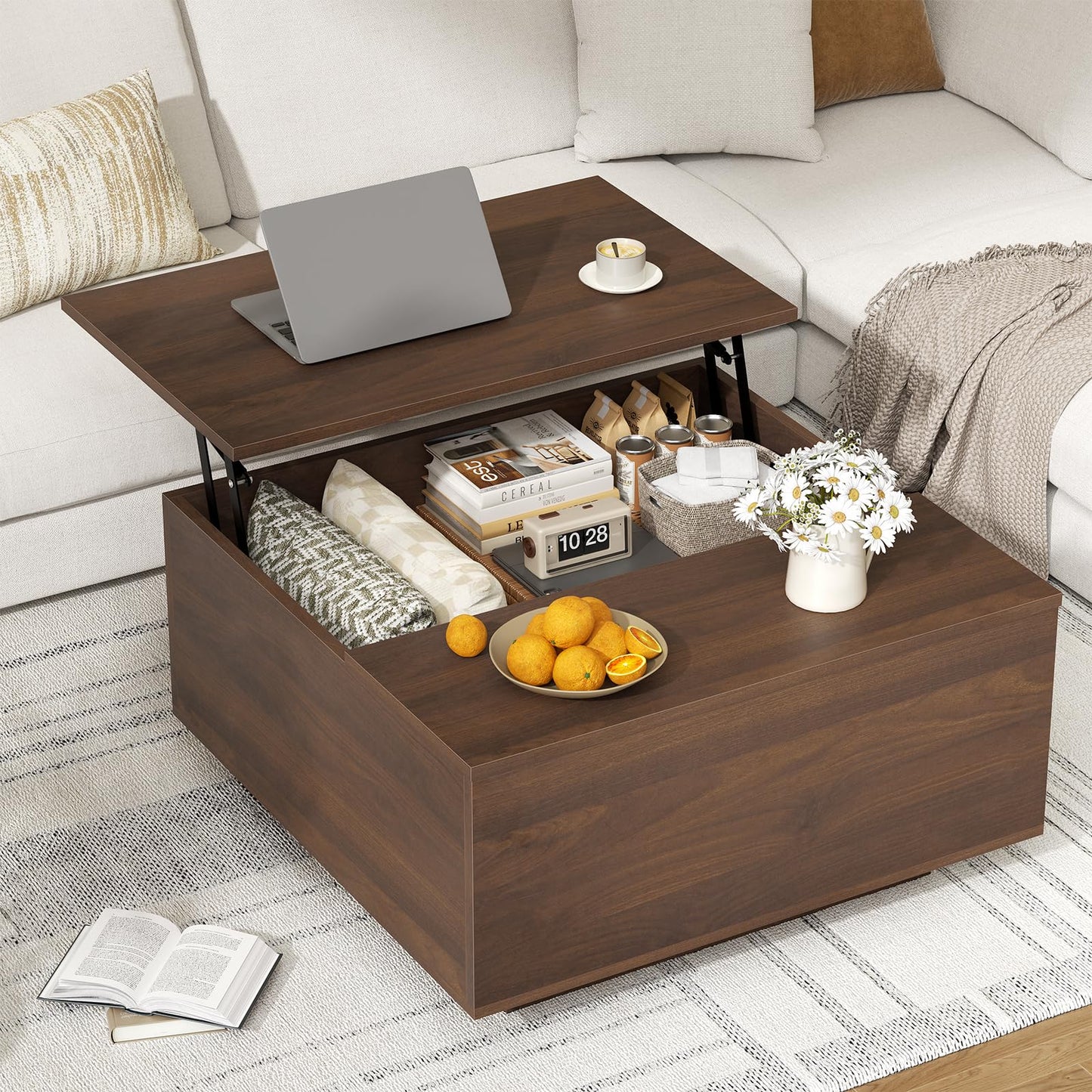 FABATO Lift Top Coffee Table, Wood Square Coffee Table with Storage, Farmhouse Coffee Tables with Hidden Storage Compartment, Center Table with Lifting Tabletop for Living Room, Home Office, Walnut