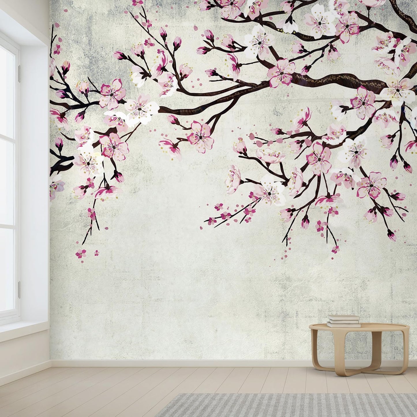 wall26 Large Wall Mural Watercolor Style Ink Painting Pink Cherry Blossom on Vintage Wall Background | Self-Adhesive Vinyl Wallpaper/Removable Modern Wall Decor - 96x144 inches