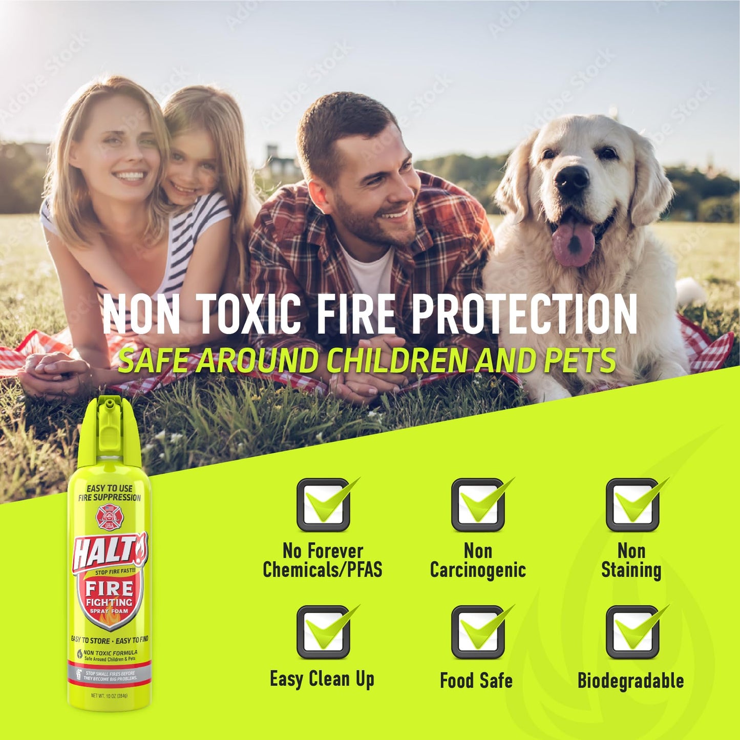 HALT! 10oz Fire Safety Spray – Non-Toxic, PFAS-Free Handheld Fire Suppressor – Easy to Use, Store & Find – Compact & Portable for Home, Kitchen, Car, BBQ, Camping & Tailgate – Made in USA (4pk)