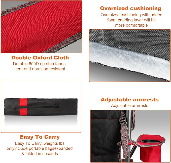 LANMOUNTAIN 2 Pack Padded Oversized Camping Chairs for Adults,Heavy Duty Support 400 Lbs,Folding Portable Lawn Chair w/Cup Holder,Cooler Bag,Side Pocket,Perfect for Outdoor Picnic,Hiking(Red&Black)