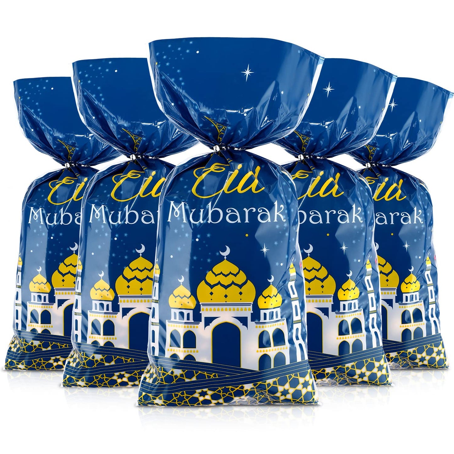 Blulu 100 Pcs Eid Mubarak Gift Bags Ramadan Decorations Clear Goodie Candy Plastic Cellophane Treat Bags with Silver Twist Ties for Eid Mubarak Party(Blue Gold)
