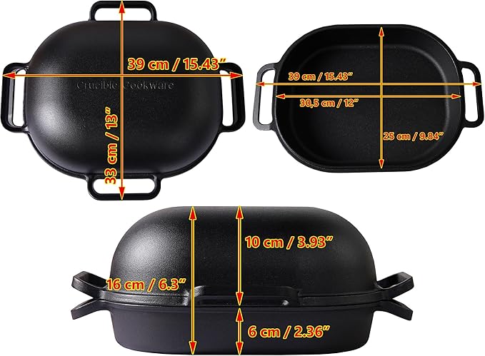 Crucible Cookware Extra Large Cast Iron Artisan Bread Pan 6 Loop Handles Deep Lid for Steam Baking