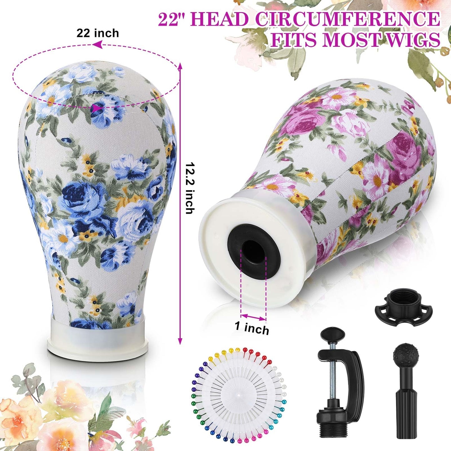 DoubleFill 2-Piece Mannequin Heads for Wigs - 22 Inch Canvas Wig Heads with Mount Hole Pins & 2 C Clamp Stand Holder for Lace Wi