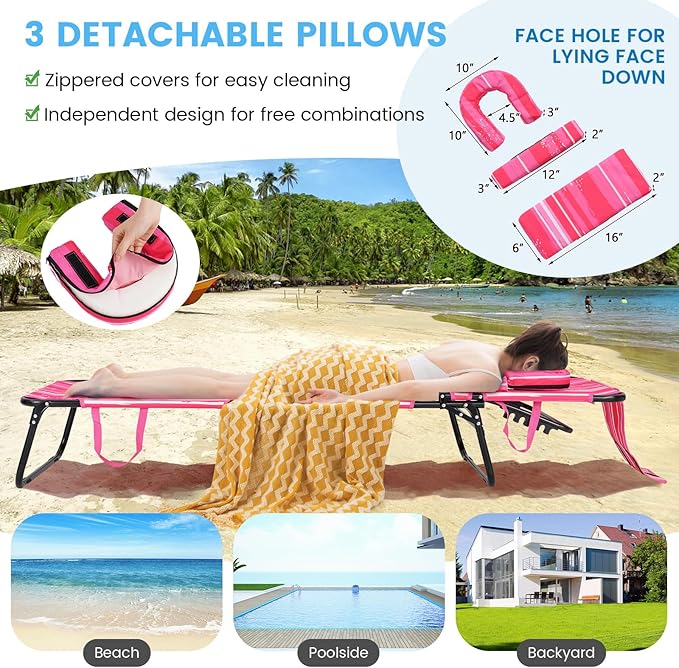 GYMAX Tanning Chair, 350lbs Beach Lounge Chair with Face Hole, Washable Pillow & Carry Strap, Adjustable Folding Chaise Lounge, Layout Lounger for Outside, Patio, Poolside, Lawn (2, Pink Stripe)