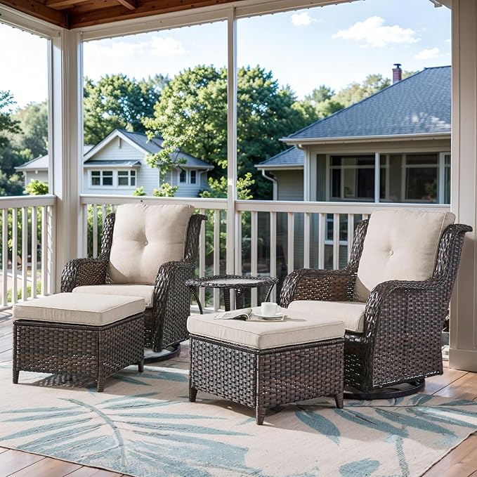 Belord 5 Pieces Patio Furniture Sets Wicker Outdoor Furniture, Rattan Patio Swivel Glider Chairs with 2 Ottoman and Glass Side Table