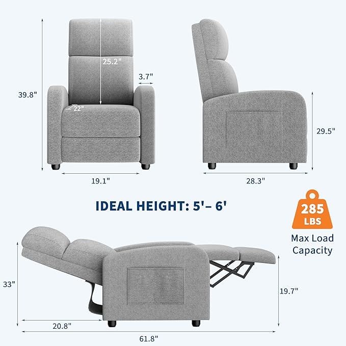 GarveeHome Linen Fabric Manual Recliner Chair, with Side Pocket, High Backrest, Thick Cushion, Adjustable Push Back Recliner,Lazy Lounge Chair for Living Room, Home Theater, Bedroom, Gray