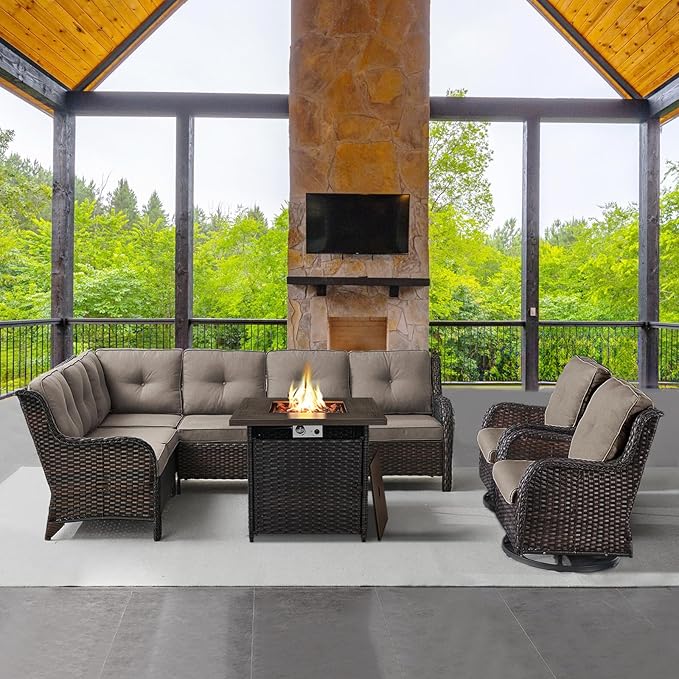 Belord Outdoor Sectional Sofa Furniture Set with Propane Fire Pit Table, Wicker Patio Conversation Set with 2 Swivel Glider Rocker Chairs Grey Cushion Perfect for Backyard Casual Gathering