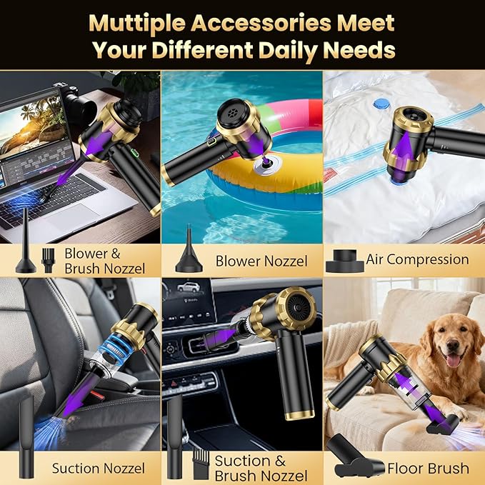 Car Vacuum Portable Cordless - Handheld Vacuum Cleaner with 16000PA Strong Suction, 7-in-1 Air Duster/Blower, Rechargeable Mini Vacuum with Long Battery, Multi-Nozzles for Car,Home, Office, Pet