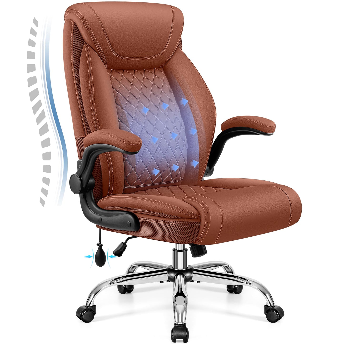 Office Chair, Big and Tall Ergonomic Desk Chair, Executive Leather Computer Chair with Adjustable Lumbar Support, Comfy Gaming Chair with Flip Up Arms, Swivel PC Chair with Rocking Function, Brown