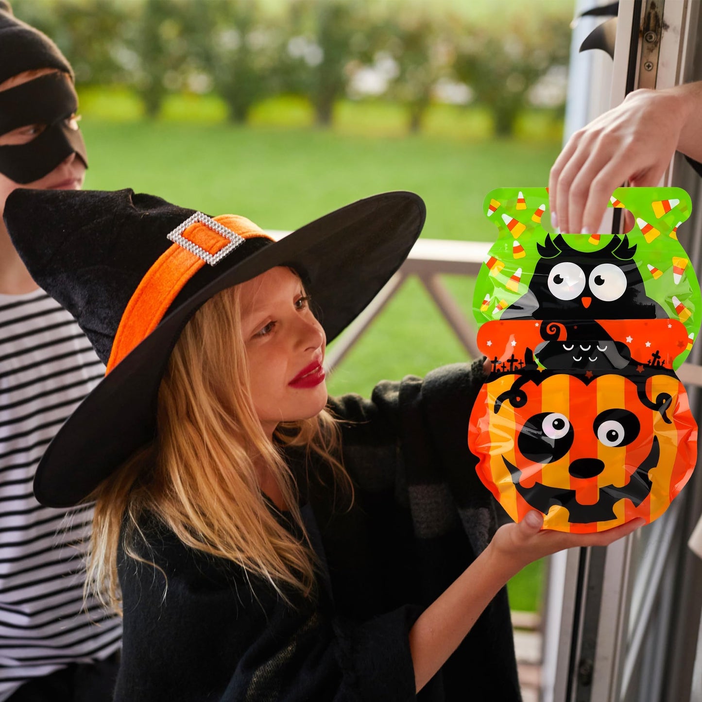 POPGIFTU 56 Pcs Halloween Goodie Bags with Handles - 8 Designs Resealable Treat Pouches for Candy, Snacks, Cookies, Bulk Trick or Treat Bags for Kids Party Favors & Classroom Halloween Supplies