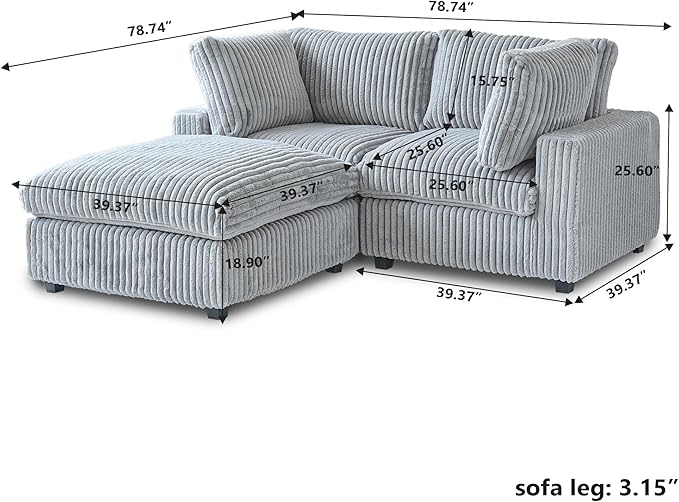 Modular Sectional Sofa/ 78inch Cloud Couches for Living Room/Soft Faux Rabbit Fur L Shaped Couch,3 Seater Wide Convertible Sofa,Covers Washable&Replaceable,Grey