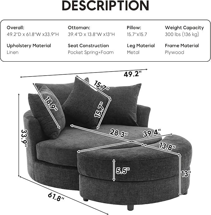 Yoglad Oversized Round Swivel Accent Chair - Modern 360 Degree Barrel Chairs with Storage Ottoman, for Living Room, Bedroom(Chenille- Gray)