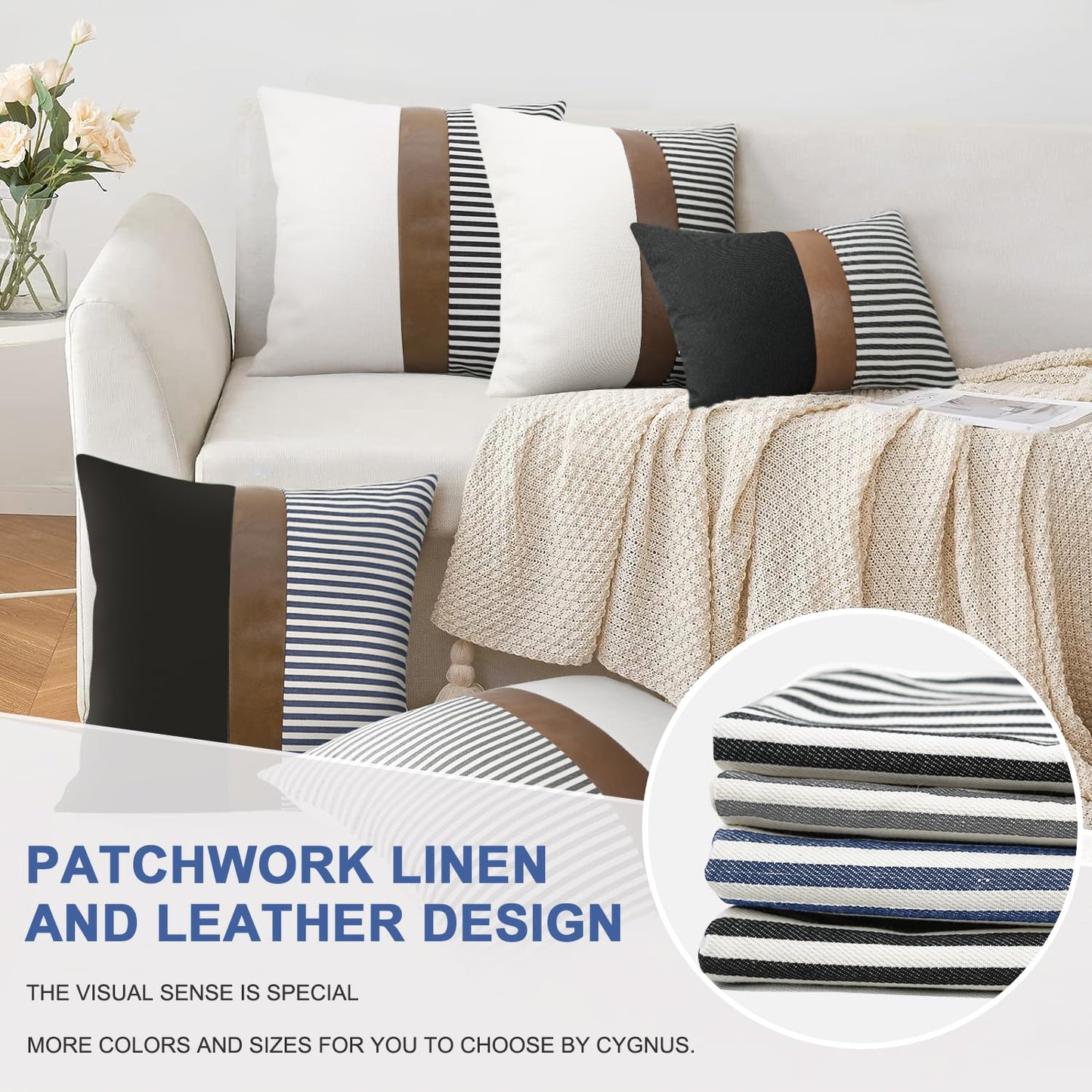 cygnus 22x22 Pillow Covers Set of 2 Boho Rustic Farmhouse Decorative Striped and Black Linen Throw Pillow Covers Modern Brown Faux Leather Covers for Couch Sofa, Navy Striped