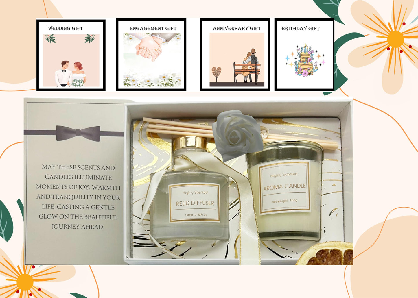 Luxury Aroma Gift Set Candle Reed Diffuser Includes Artificial Rose, Dried Orange Slice, Greeting Card Gift Wedding, Engagement, Anniversary, Birthday