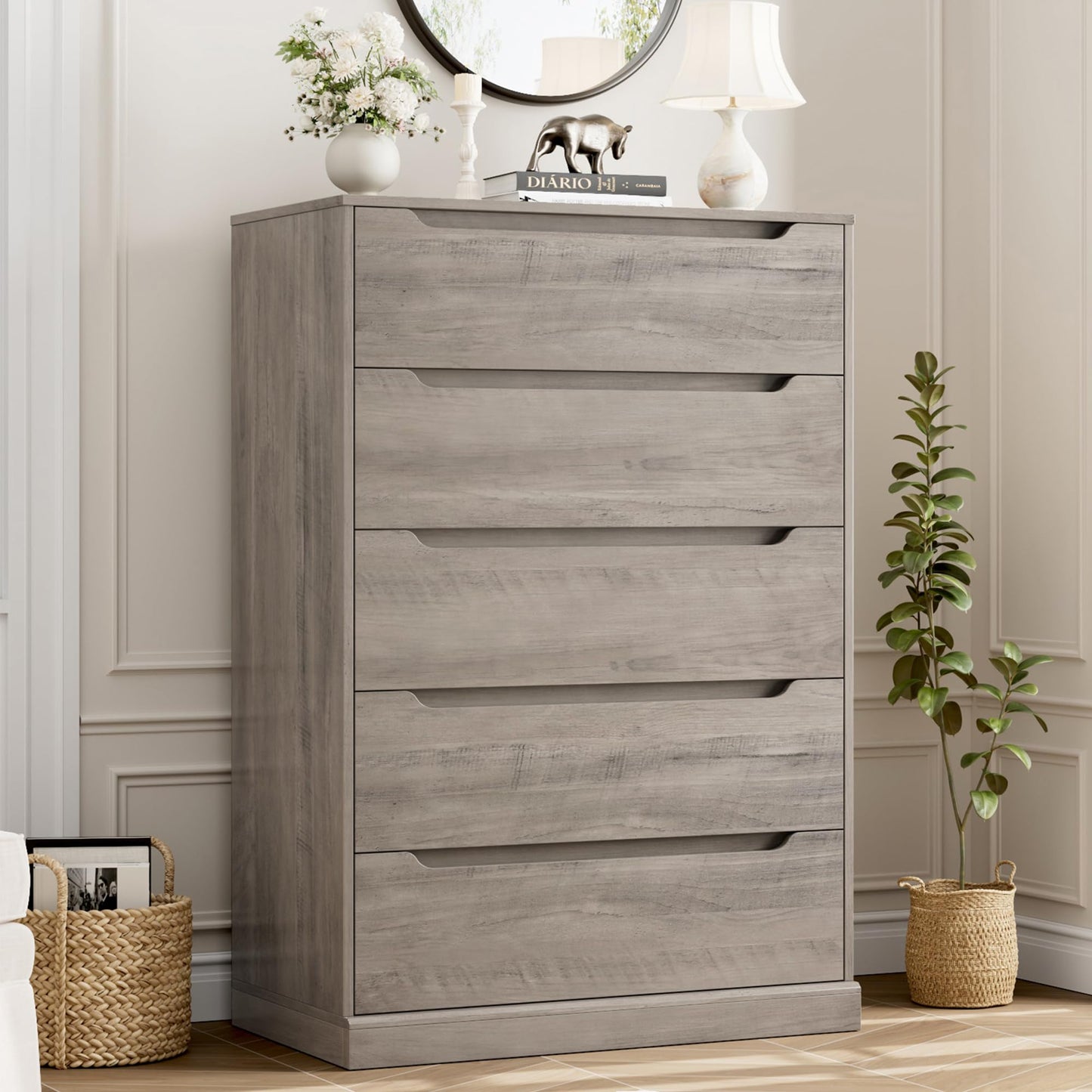 HOSTACK 43.3" Tall Modern 5 Drawer Dresser for Bedroom, Large Chest of Drawers with Storage, Wood Clothes Storage Organizer with Cut-Out Handle, Accent Storage Cabinet for Living Room, Ash Gray