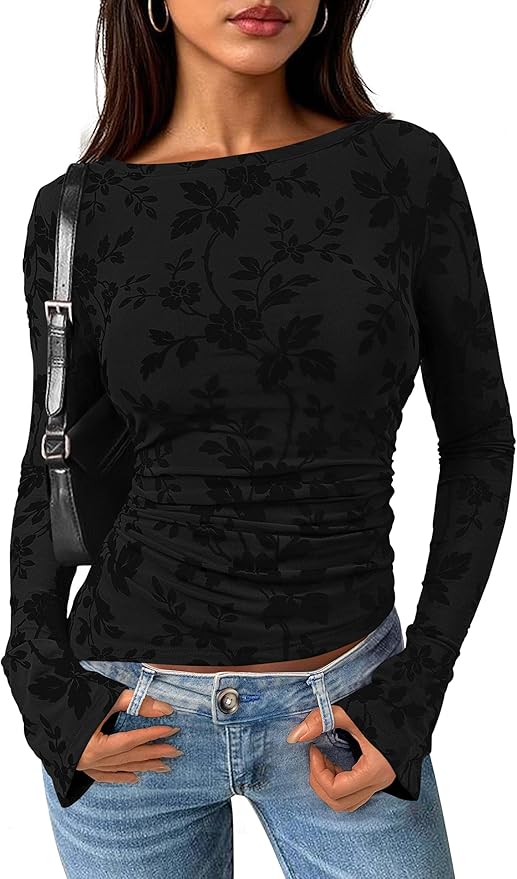PRETTYGARDEN Women Long Sleeve Floral Mesh Tops Blouse 2026 Fall Trendy Boat Neck Ruched Spring Shirt Going Out Date Outfits