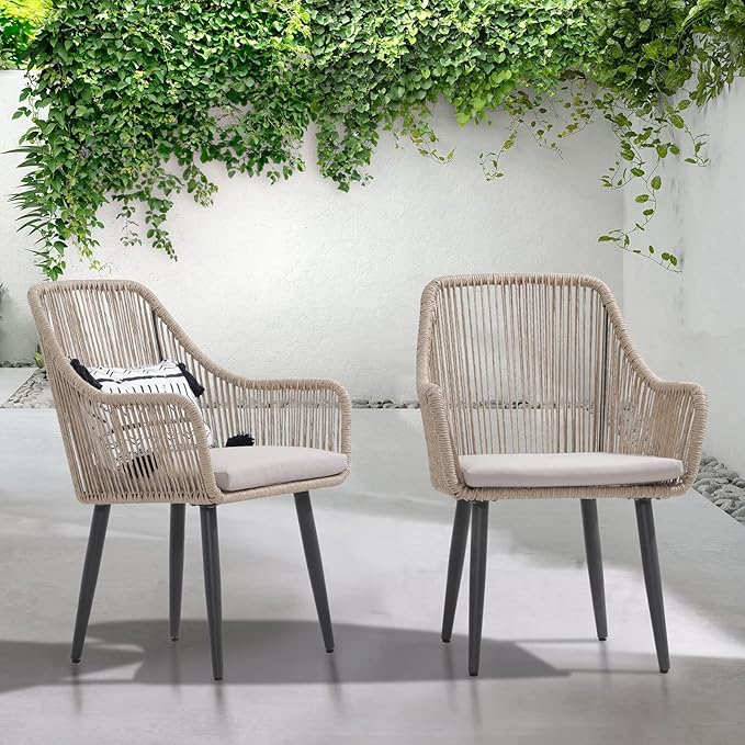 Patiorama Outdoor Dining Chairs, Patio Dining Chair Set of 6, All-Weather Woven Rope Rattan Chairs, Outdoor Dining Wicker Chairs with Armrests for Indoor Balcony Pool Backyard(Tan)