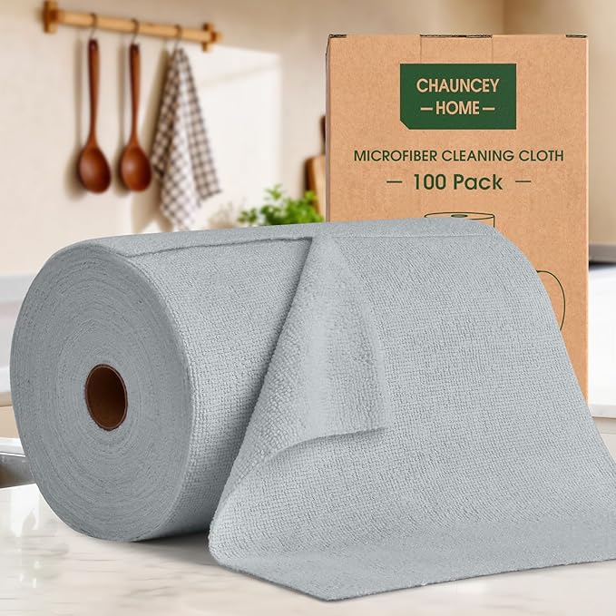 Microfiber Cleaning Cloth Roll–100 Pack, Tear Away Microfiber Towels, Reusable, Washable, Scratch-Free, Kitchen Towels for Car, Home, Kitchen, Glass, Dishes(Cloud Gray)