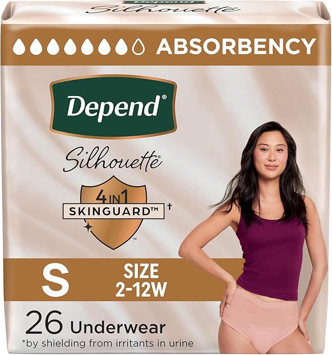 Depend Silhouette Adult Diapers, Incontinence & Postpartum Bladder Leak Underwear for Women, Maximum Absorbency, Small, Pink, 26 Count, Packaging May Vary