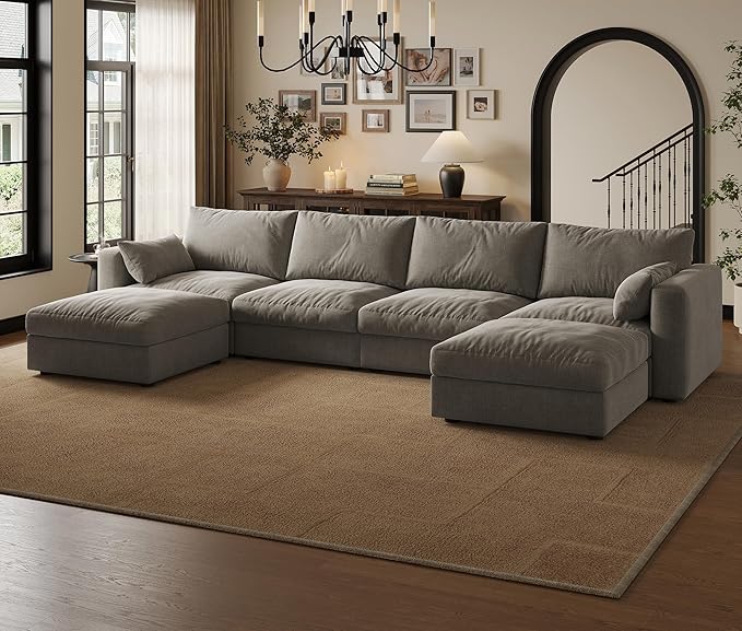 Cloud Modular Sectional Sofa Couch with Storage Ottoman, 128" Oversized Sectional Couches for Living Room, Cloud Modular U-Shaped Sofa with Chaise, 6 Seater, Chenille, Light Gray