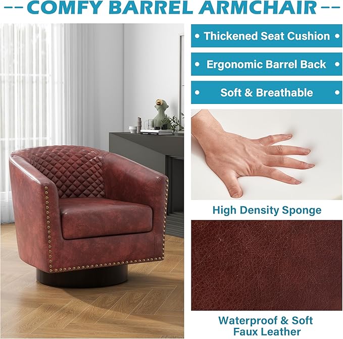 UIXE Faux Leather Swivel Accent Chairs Set of 2, Upholstered Barrel Club Chair for Living Room, Round Armchair Comfy Single Sofa Bedroom Reading Seat - Red Brown