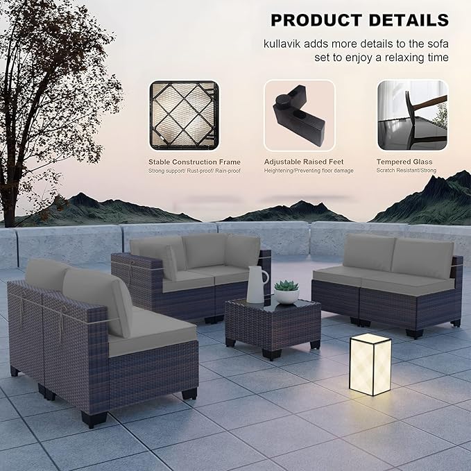 Kullavik 7 Pieces Outdoor Patio Furniture Set,Wicker Outdoor Sectional Sofa,All-Weather Patio Conversation Sets with Washable Thick Cushions & Coffee Table for Garden,Backyard,Balcony,Porch,Grey