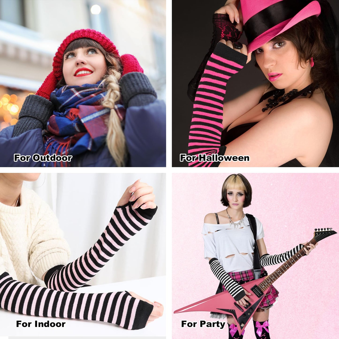 UTTPLL Womens Punk Gothic Long Arm Warmers Fashion Striped Fingerless Gloves Winter Warm Knitted Stretchy Mitten Thumb Hole Wrist Warmer Halloween Costume Stripe Black Grey