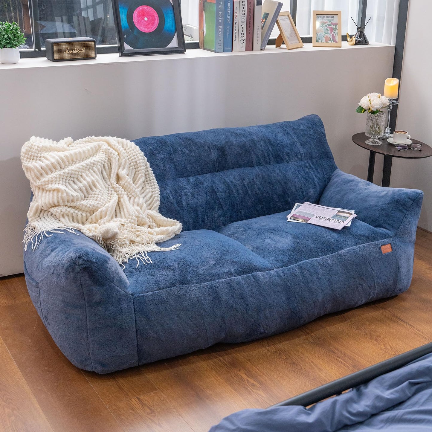 Cvortll Big Bean Bag Chairs for Adults Oversized Beanbag Chair Lazy Sofa with Armrest Foam Filled Loveseat Sofa Floor Comfy Couch for Bedroom,Blue