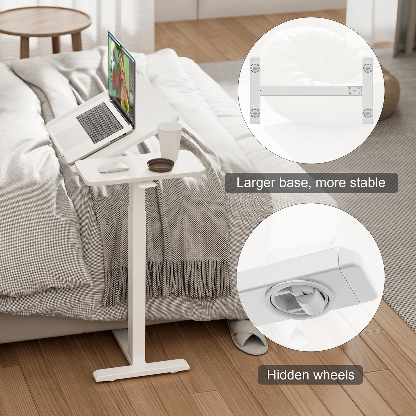 Ywin Adjustable Tilt Overbed Bedside Table with Wheels Pneumatic Moveable Bed Desk Tilt-Top Laptop Desk Moveable Rolling Computer Table for Home Office Hospital Use