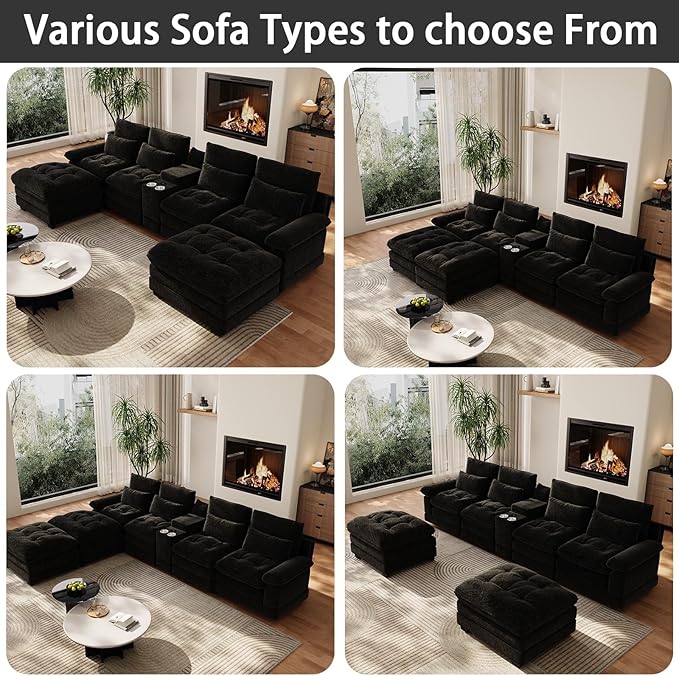 BEQAI 134"U Shaped Sectional Couches for Living Room, Oversized Modular Sectional Fluffy Couch with 2 Ottoman & Storage Console,Modern 6 Seat Living Room Sofa with Glitter Fabric,Tufted Buttons, Black
