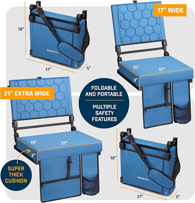 Extra Wide Folding Reclining Stadium Seat with Back Suppot for Bleachers, Bleacher Hooks, Thick Cushion, Cup Holder, Storage Pockets – Portable Chair for Kayak, Canoe, Paddle Board, Concerts, & Sports