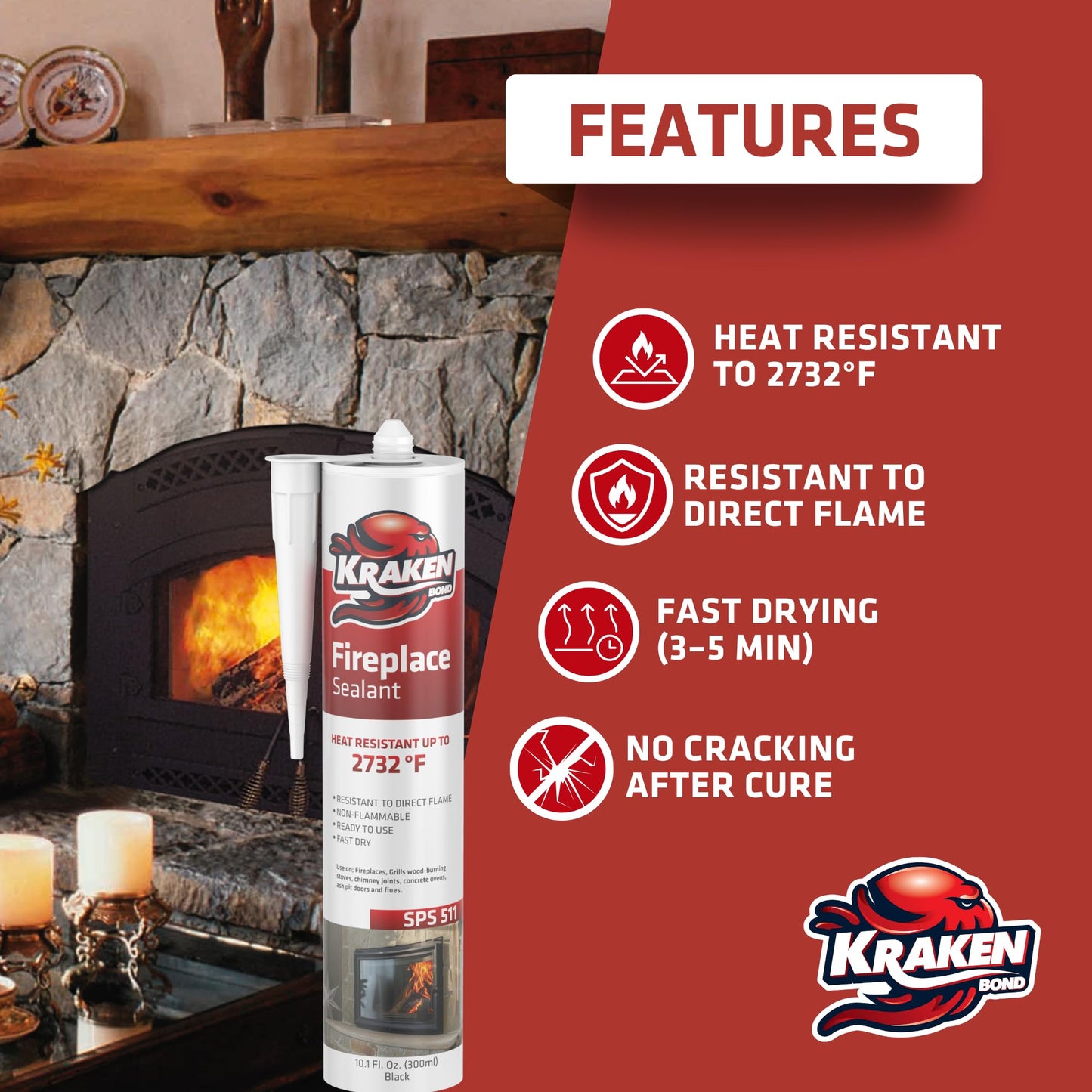 Kraken Bond High Temperature Black Fireplace Sealant 2732°F - (2x10.1oz.) Fire Resistance Up to 2732°F, High Temp Fire Caulk for Ovens, Stoves, Chimneys - Fast Dry, Paintable, Non-Flammable, 2 Pack