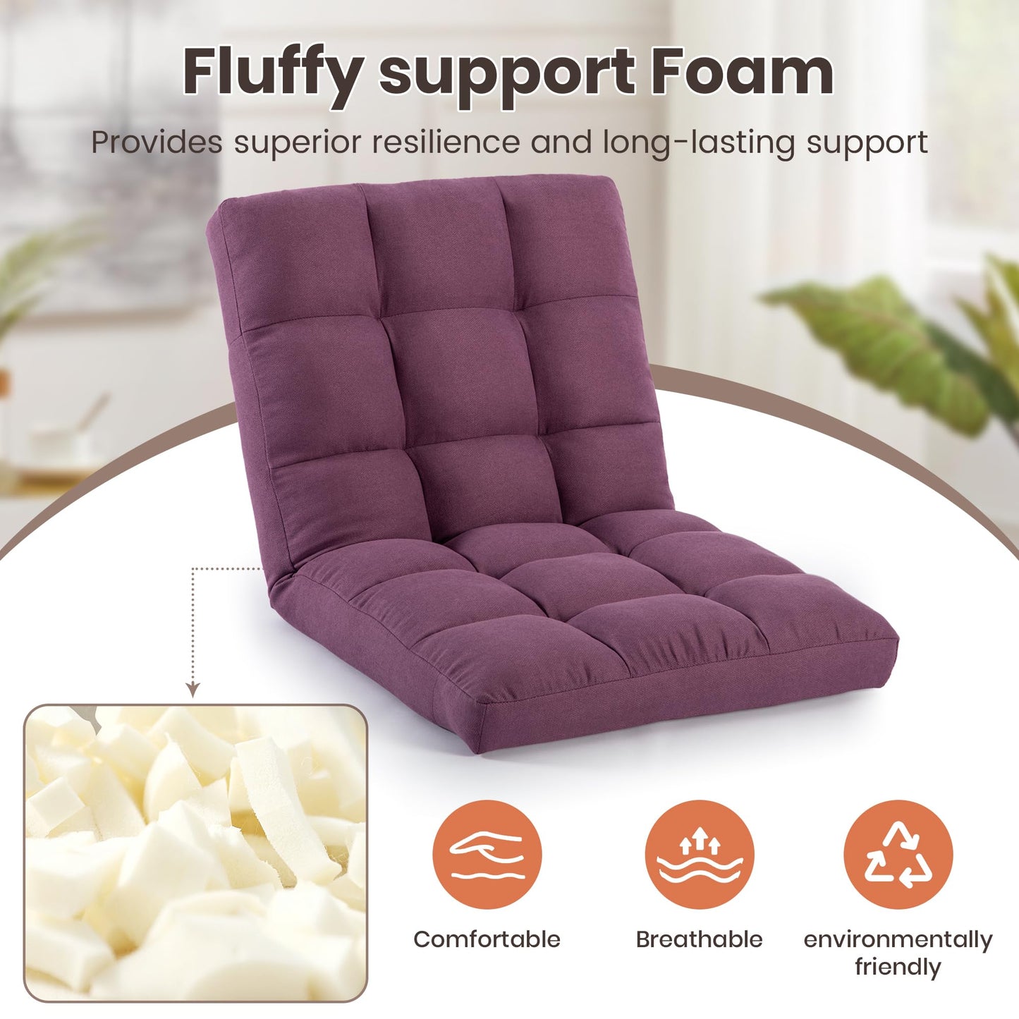 HOMYEDAMIC Floor Chair with Back Support with 6 Adjustable Position, Recliner, Folding Gaming, Meditation Chair for Adults (Purple)
