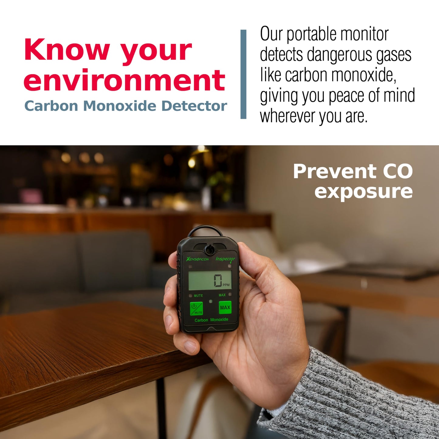 Sensorcon Inspector Portable Carbon Monoxide Detector with Visual and Audio Alarms – Waterproof Digital CO Detector for Personal, Ambient, and Combustion Monitoring