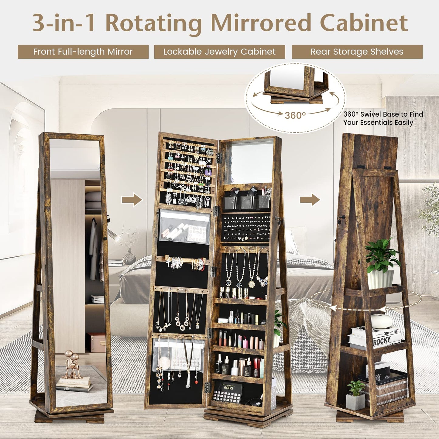 COSTWAY 360 Rotating Jewelry Armoire Cabinet, Standing Jewelry Organizer w/Full-Length Mirror & Large Storage Space, Lockable Mirror Jewelry Cabinet for Girls Women (Rustic Brown)
