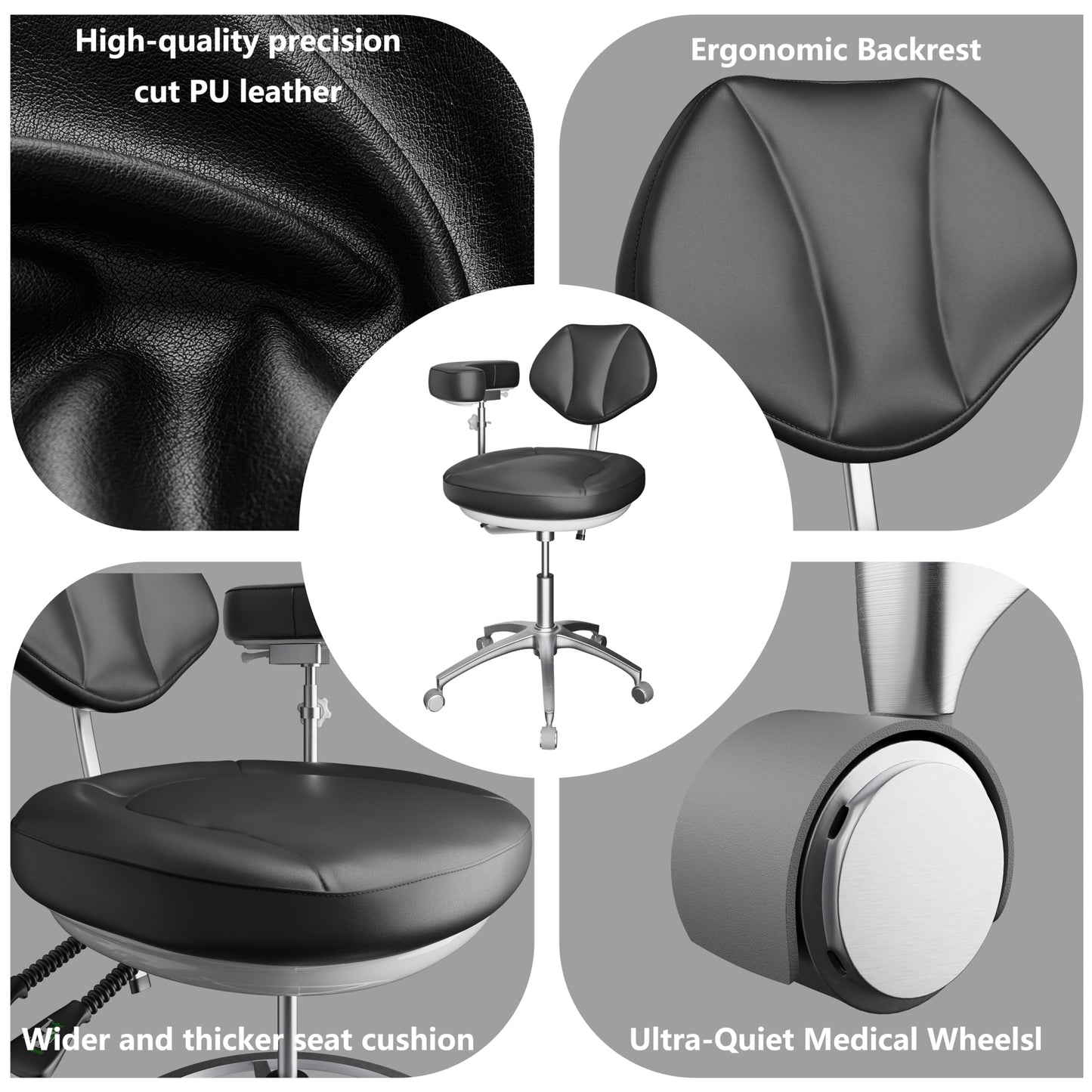 Dental Assistant Chair Ergonomic Medical Adjustable Rolling Stool with Back Support Rotatable Armrest for Clinics Dentist Tattoo Office,Salon,Laboratory - Black