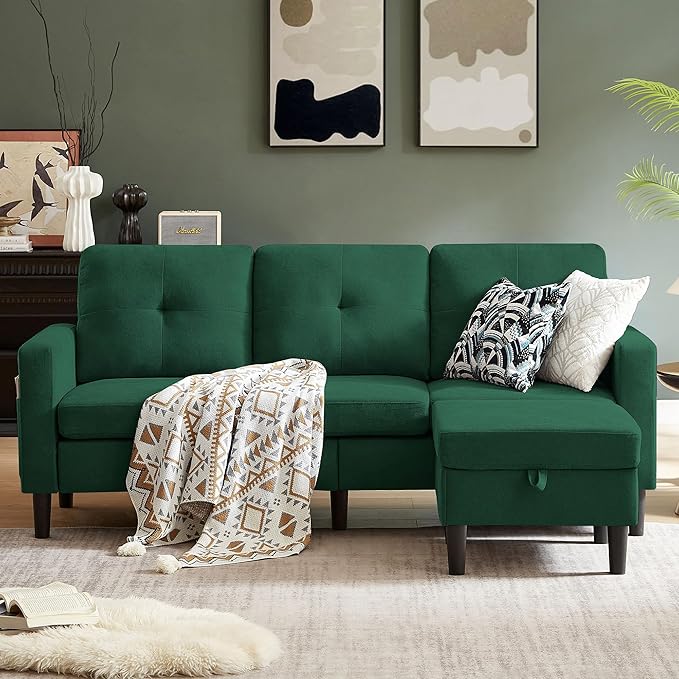 Pingliang Home 80" Convertible Sectional Sofa Couch with Movable Ottoman, 3 Seats Sectional Sofas L Shaped Couch for Small Spaces, Soft Fabric Couch for Living Room (Green)