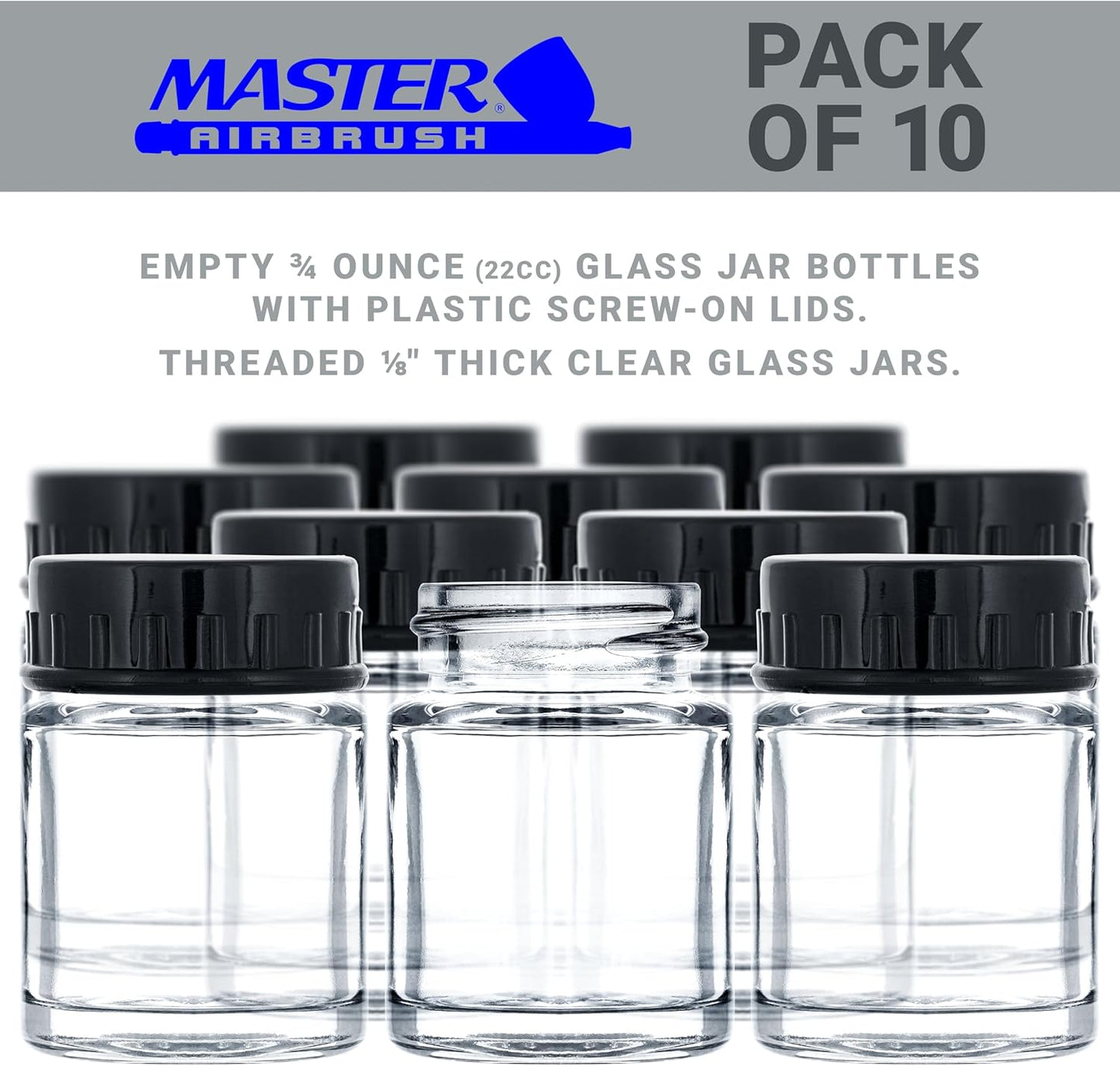 Master Airbrush (Pack of 10) TB-001 Empty 3/4 Ounce (22cc) Glass Jar Bottles with Plastic Lids - Replacement Jars, Paint Storage Bottles - Jars Screw Into Siphon Feed Airbrush Lid Adaptor Assemblies