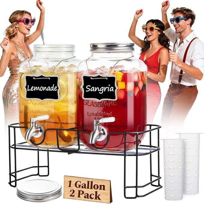 KIKCOIN 2 Pack Glass Drink Dispensers for Parties, 1 Gallon Leakproof Beverage Dispenser with 18/10 Stainless Steel Spigot...
