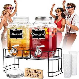 KIKCOIN 2 Pack Glass Drink Dispensers for Parties, 1 Gallon Leakproof Beverage Dispenser with 18/10 Stainless Steel Spigot...